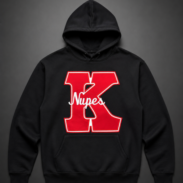 Custom black pullover hoodie with oversized old English blackletter varsity letter appliqué and cream ribbon banner scroll with custom script text below.