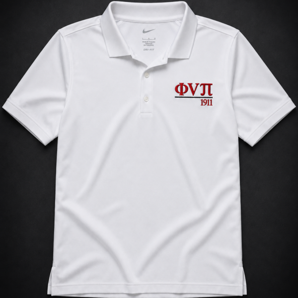 Custom embroidered white Nike Dri-FIT performance polo with crimson Greek letter abbreviation, rule line, and founding year on left chest.