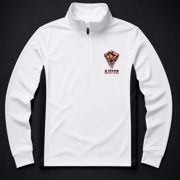 Custom embroidered quarter-zip performance pullover with stand-up collar, contrast black side panels, and full-color logo embroidery on left chest.