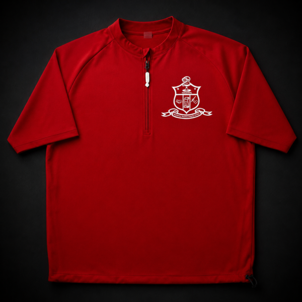 Custom red short-sleeve quarter-zip pullover with white embroidered full heraldic crest on left chest, mock neck collar, and performance athletic fabric.