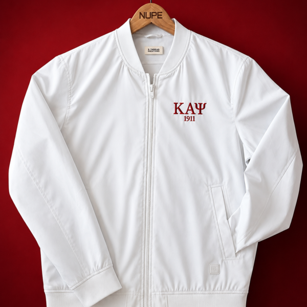 Custom embroidered white bomber jacket with crisp Greek letter abbreviation and founding year in crimson thread on left chest, full-length center zip, and ribbed finishing.