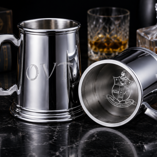 Custom engraved silver chrome tankard with mirror-polished finish, decorative base ring, exterior monogram engraving, and interior base crest detail.