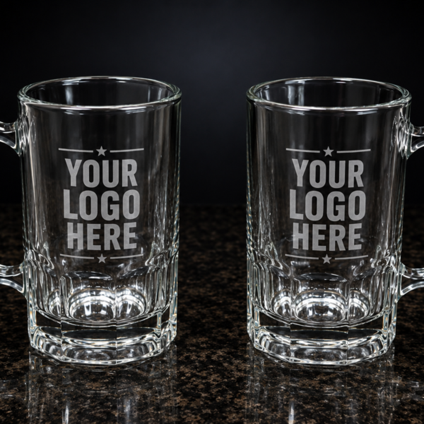 Custom etched glass beer stein with tall cylindrical body, faceted octagonal base, thick C-handle, and personalized frosted heraldic crest with arched script.