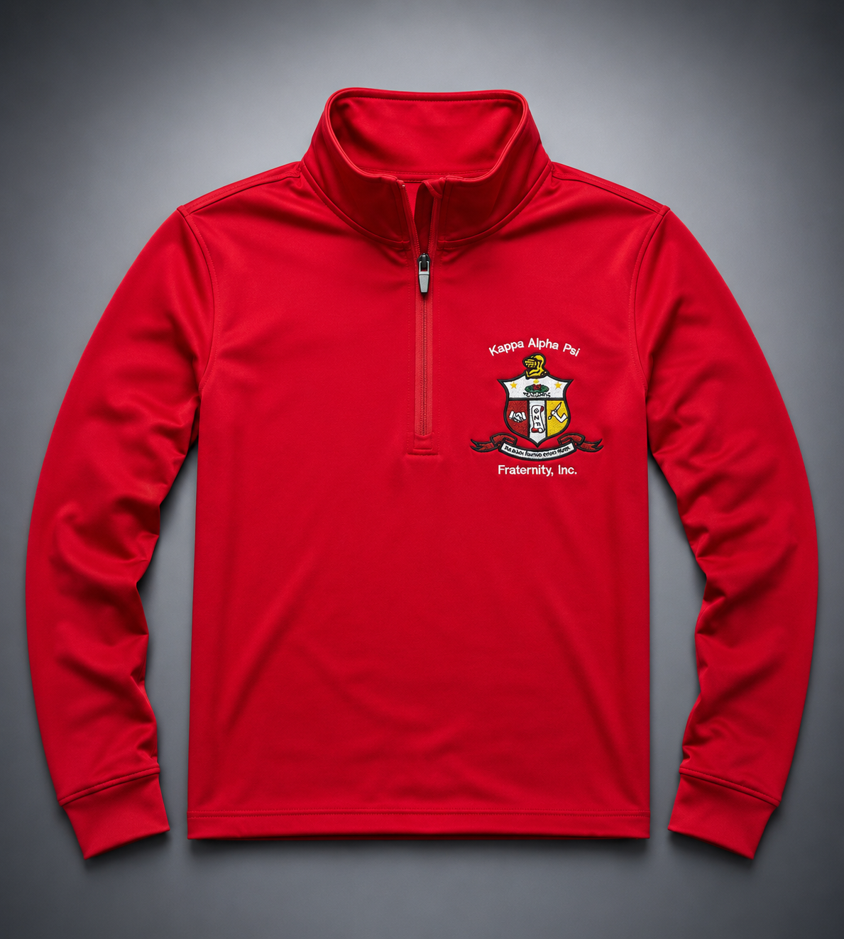 Custom full-color embroidered crimson quarter-zip performance pullover with stand-up collar, contrast side panels, and multi-thread crest embroidery on left chest.