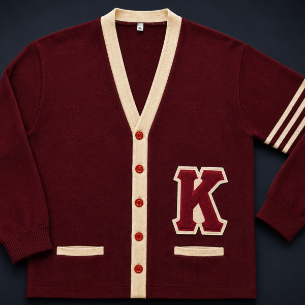Custom Greek letter cardigan sweater base build with single large chenille letter appliqué on V-neck button-front sweater with ribbed cuffs and welt pockets.