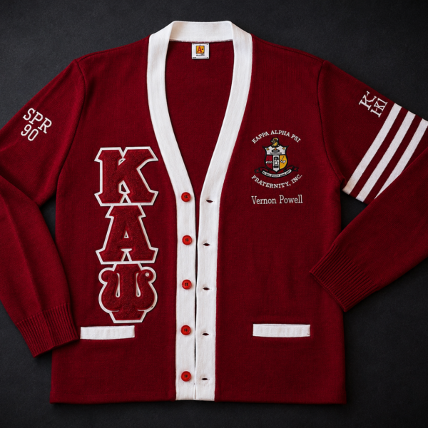 Custom crimson and white Greek letter cardigan sweater with large chenille letters, full-color heraldic crest, personalized name, sleeve embroidery, and athletic stripes.