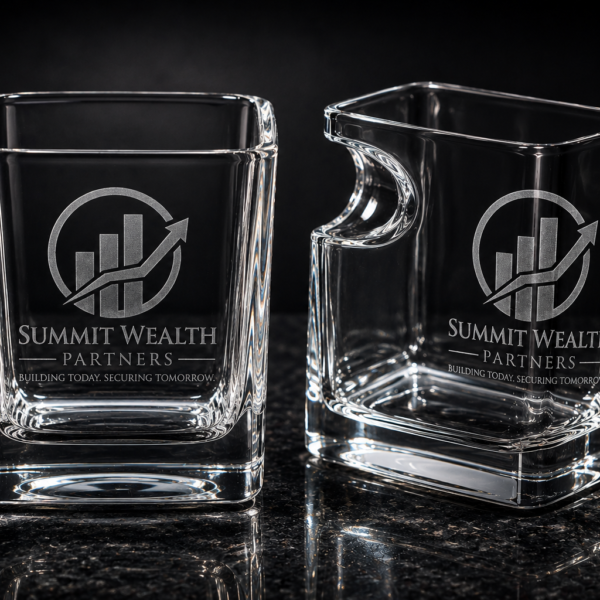 Custom square shot glass and handled square whiskey glass with matching red insignia designs displayed on dark slate surface.