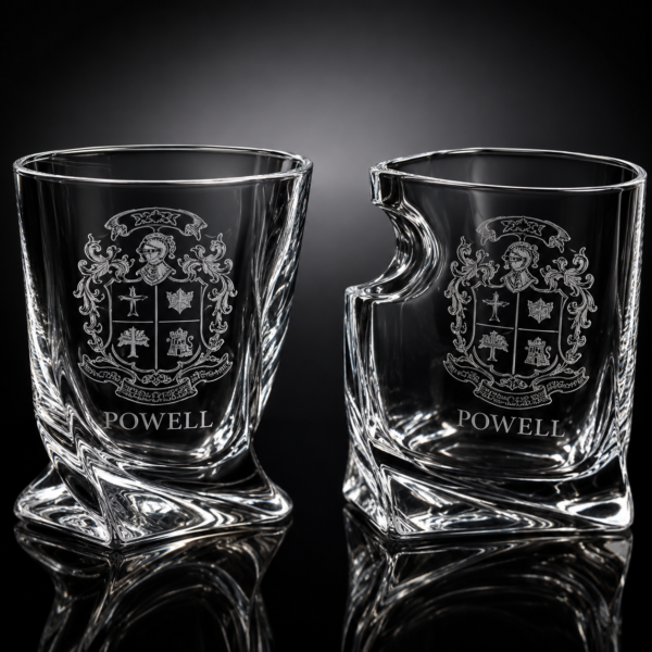 Custom crest whiskey tumbler set with etched fraternity insignia