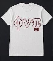 White short-sleeve tee with crimson Phi Nu Pi Greek letters and 1911