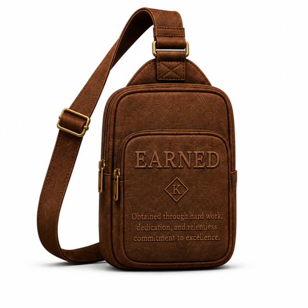 Earned brown leather crossbody bag with adjustable shoulder strap