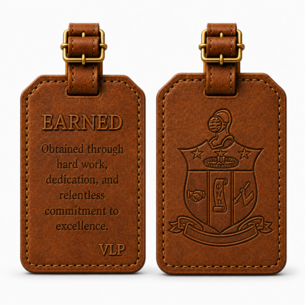 Earned natural leather luggage tag front and back views side by side