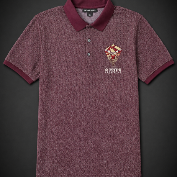 Maroon diamond-pattern jacquard knit polo laid flat, with the full-color 2HypeKreations crest embroidered on the left chest and a solid ribbed collar.